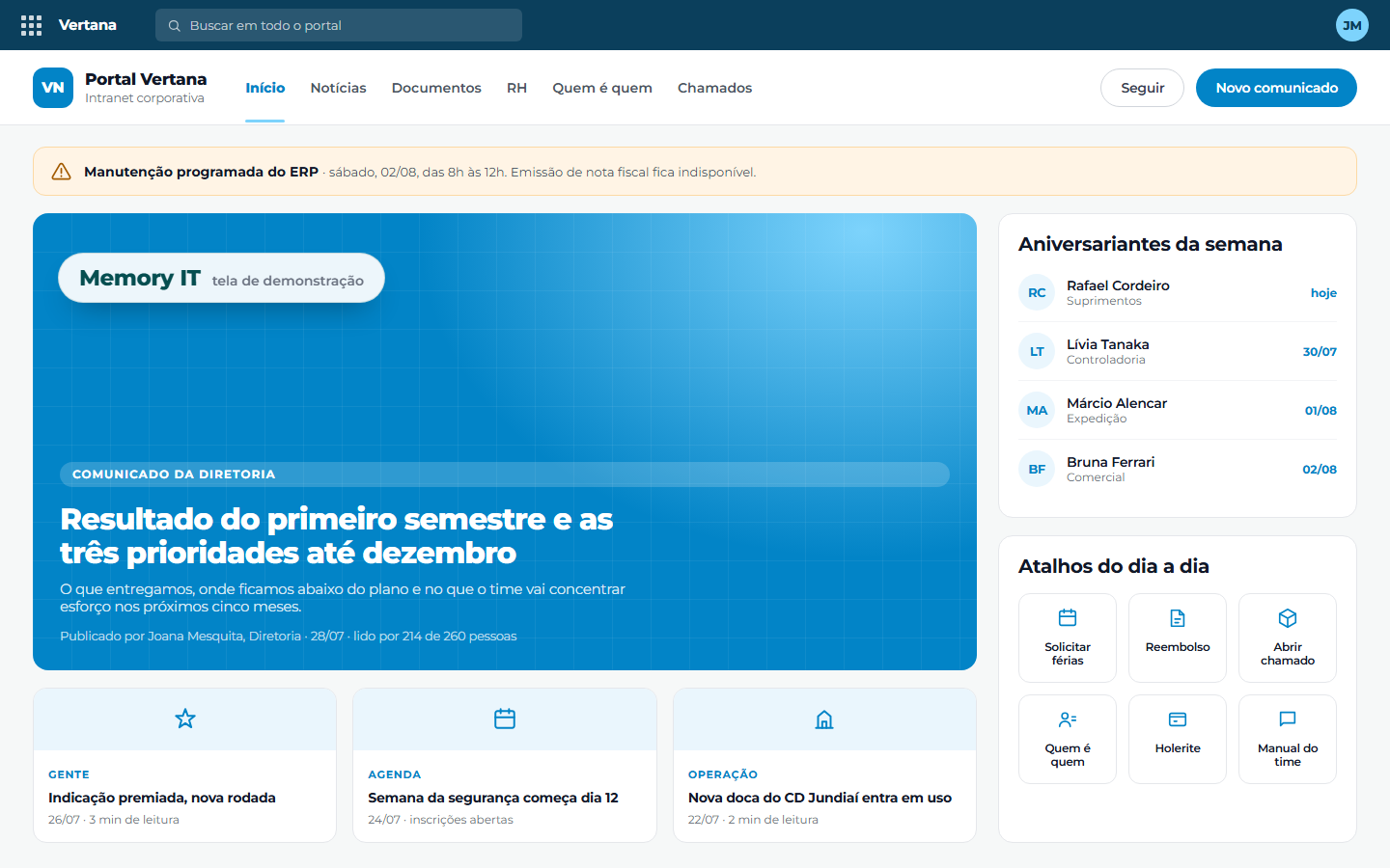Home da intranet, com o comunicado da diretoria em destaque, as notícias da semana, os aniversariantes e os atalhos do dia a dia.