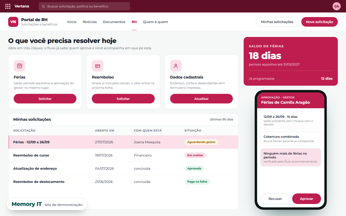Portal de RH, com os atalhos de férias, reembolso e dados cadastrais, a lista de solicitações em andamento e a aprovação de férias no celular do gestor.